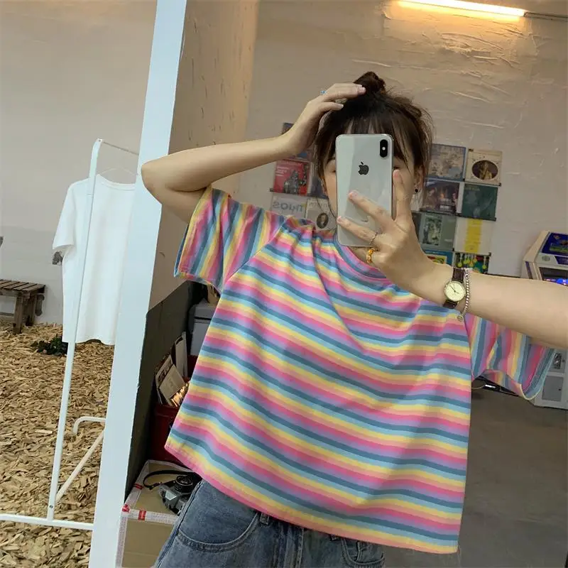 Loose Sweet Rainbow Striped Short T-shirt Women's Tshirts Japan Kawaii Ulzzang Female Sweet Lovely Harajuku Tshirt For Women
Loose Sweet Rainbow Striped Short T-shirt Women's Tshirts Japan Kawaii Ulzzang Female Sweet Lovely Harajuku Tshirt For Women