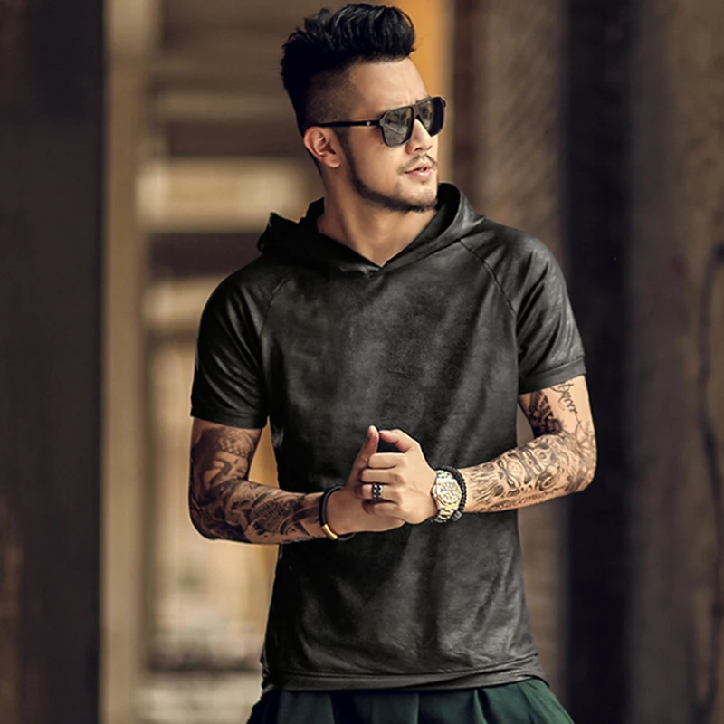 Retro Summer new Black elastic fabric Metrosexual short sleeved slim brand sweater men hooded hat half sleeve T-shirt T318
Retro Summer new Black elastic fabric Metrosexual short sleeved slim brand sweater men hooded hat half sleeve T-shirt T318
