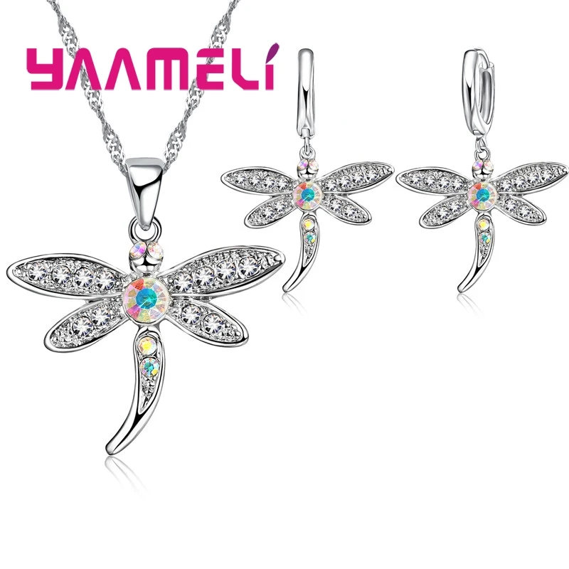 Real 925 Sterling Silver AB Colored Cubic Zircon Necklace Earrings Jewelry Sets for Women Girls CZ Crystal Dragonfly 
Real 925 Sterling Silver AB Colored Cubic Zircon Necklace Earrings Jewelry Sets for Women Girls CZ Crystal Dragonfly