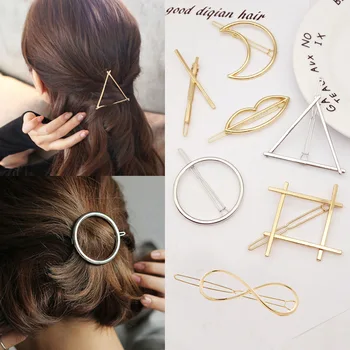 Fashion Jewelry Silver Gold Punk Hollow Round Triangle Hairpins Women Girls Party Accessories Love Heart Moon Hair Clips