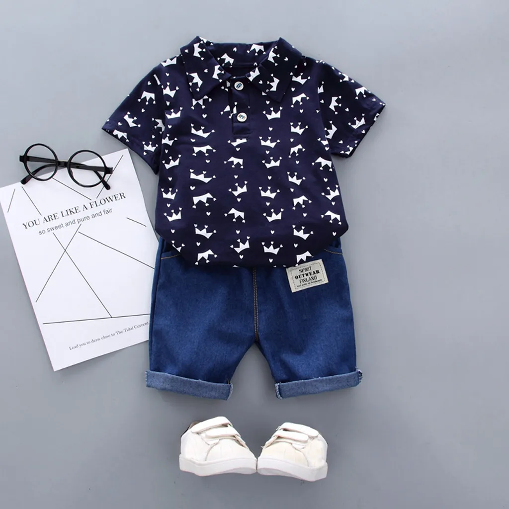 Boys Clothing Children Short Sleeve Crown Pattern Shirt Tops+ Denim Pants Set Vetement Enfant Garcon Roupa Infanti Summer 2019
Boys Clothing Children Short Sleeve Crown Pattern Shirt Tops+ Denim Pants Set Vetement Enfant Garcon Roupa Infanti Summer 2019