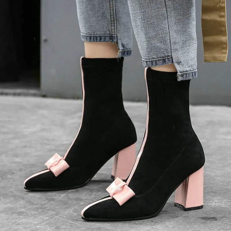 Black Yellow Pink Pointed Toe Ankle Boots for Women Fashion Bow Mixed Colors Thick High Heel Winter Shoes Woman Socks Boots
Black Yellow Pink Pointed Toe Ankle Boots for Women Fashion Bow Mixed Colors Thick High Heel Winter Shoes Woman Socks Boots