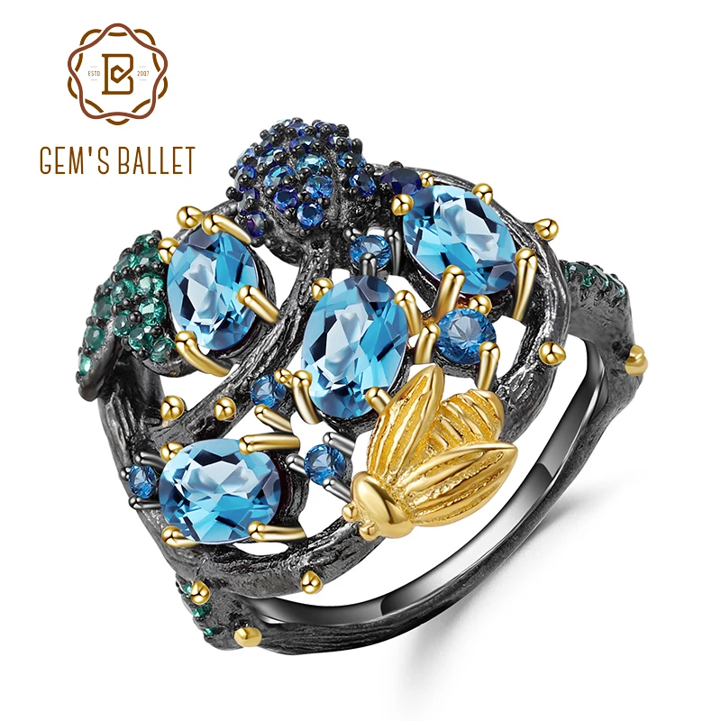 GEM'S BALLET 925 Sterling Silver Handmade Fine Jewelry Natural Swiss Blue Topaz Ring Gold Bee on Branch Rings for Women Bijoux
GEM'S BALLET 925 Sterling Silver Handmade Fine Jewelry Natural Swiss Blue Topaz Ring Gold Bee on Branch Rings for Women Bijoux