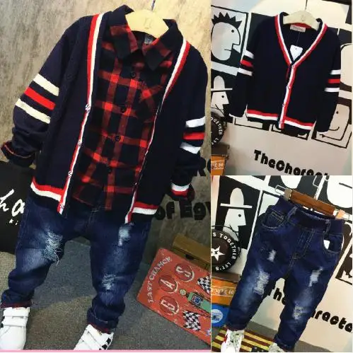 Fashion baby spring and autumn suit boy sweater cardigan + plaid shirt + jeans 3 piece suit boy clothes 2-6 years old
Fashion baby spring and autumn suit boy sweater cardigan + plaid shirt + jeans 3 piece suit boy clothes 2-6 years old
