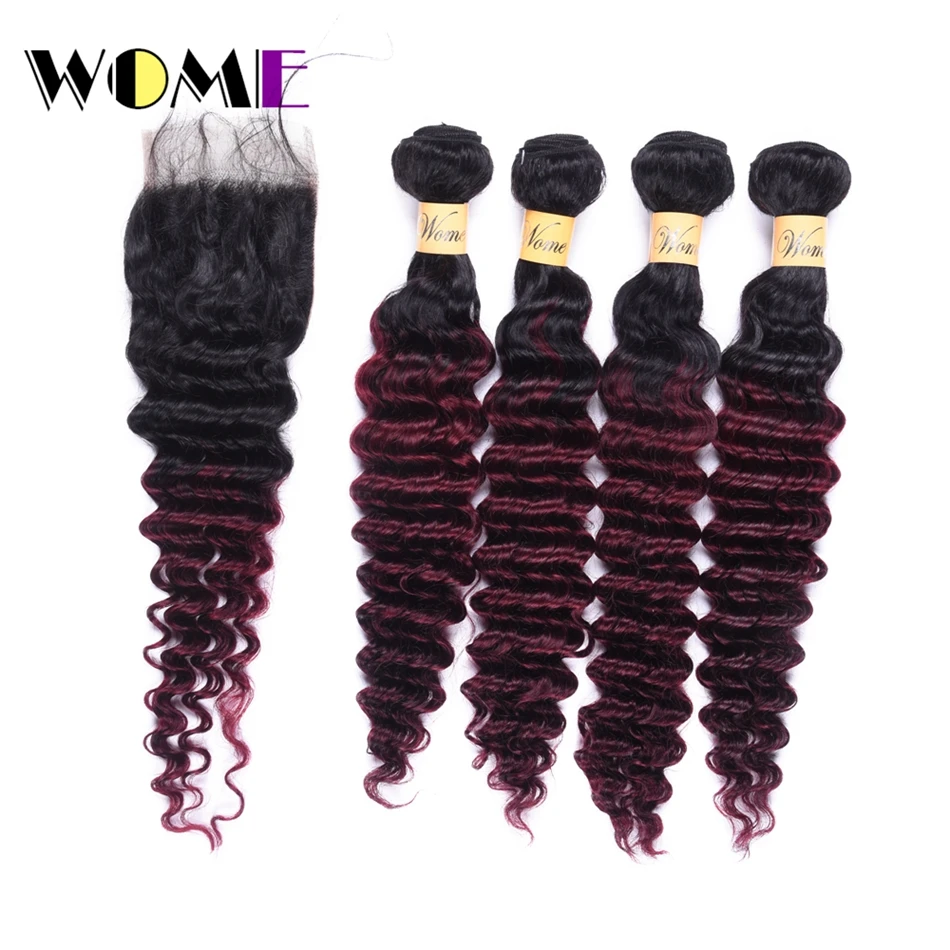 Wome T1B/99J Brazilian Deep Wave Bundles With Closure Red Wine Color Human Hair Curly 4 Bundles With Lace Closure Free Part
Wome T1B/99J Brazilian Deep Wave Bundles With Closure Red Wine Color Human Hair Curly 4 Bundles With Lace Closure Free Part