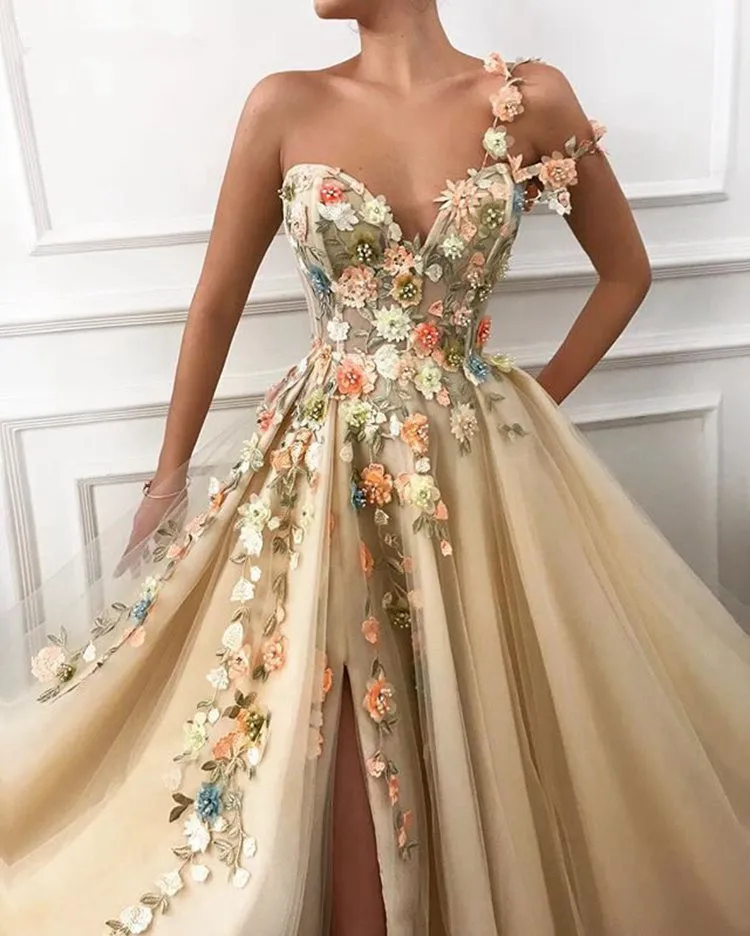Long Evening Dress 2019 Gorgeous One Shoulder Oman Handmade Flowers Saudi Arabia Sexy High Slit Champagne Formal Evening Gowns 
Long Evening Dress 2019 Gorgeous One Shoulder Oman Handmade Flowers Saudi Arabia Sexy High Slit Champagne Formal Evening Gowns