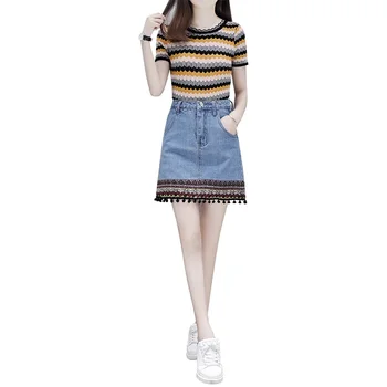 2018 Summer wear new twinset sweater jeans embroidery skirt suits Stripe top denim skirts clothing set 2 pcs vestido lady women
2018 Summer wear new twinset sweater jeans embroidery skirt suits Stripe top denim skirts clothing set 2 pcs vestido lady women