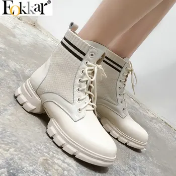 Eokkar 2020 Cow Leather Ankle Boots Women Stretch Knitting Lace Thick Heels Casual Spring Shoes Black Platform Shoes Size 34-43
Eokkar 2020 Cow Leather Ankle Boots Women Stretch Knitting Lace Thick Heels Casual Spring Shoes Black Platform Shoes Size 34-43