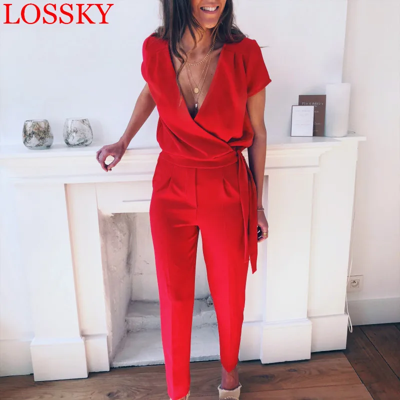 Women Elegant Slim Red Wrap Overlap Jumpsuit Sexy Deep V Neck Short Sleeve Belt Pocket Rompers Female Solid Jumpsuits Bodysuits
Women Elegant Slim Red Wrap Overlap Jumpsuit Sexy Deep V Neck Short Sleeve Belt Pocket Rompers Female Solid Jumpsuits Bodysuits