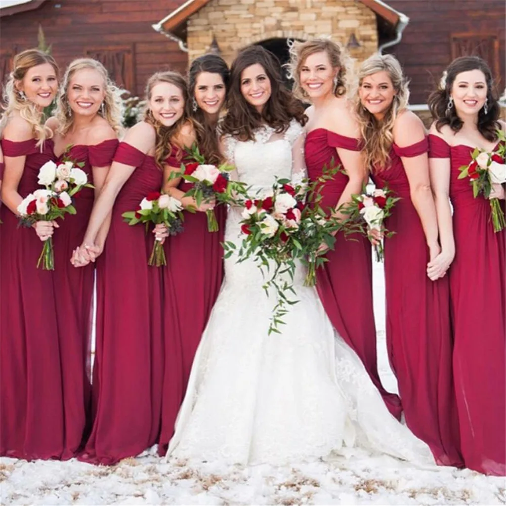 Dark Red Chiffon Long Bridesmaid Dresses Boat Neck Off The Shoulder A Line Cheap Wedding Party Gowns 2019 New Women Dress
Dark Red Chiffon Long Bridesmaid Dresses Boat Neck Off The Shoulder A Line Cheap Wedding Party Gowns 2019 New Women Dress
