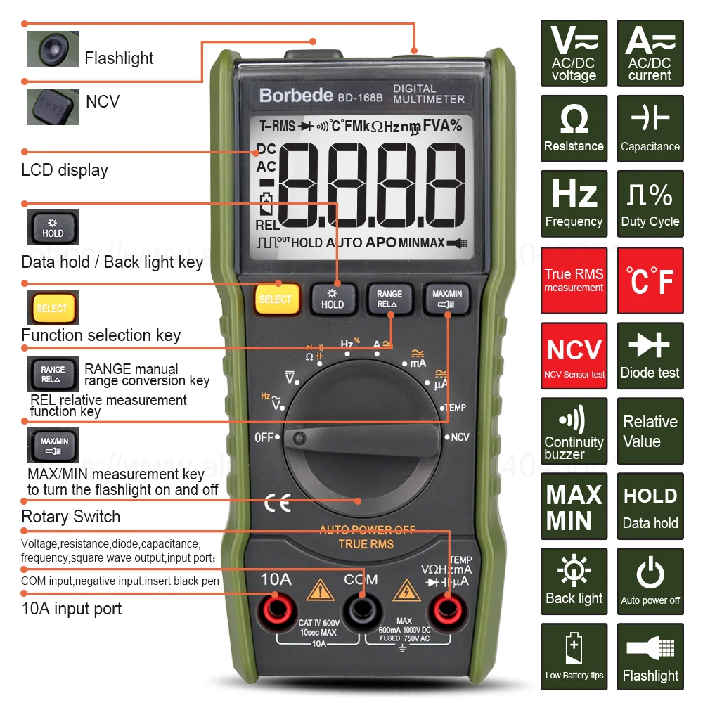 Borbede 168B Digital Multimeter 6000 count DC AC Voltage Current Capacitance Resistance Temperature NCV True RMS Mini Tester
Borbede 168B Digital Multimeter 6000 count DC AC Voltage Current Capacitance Resistance Temperature NCV True RMS Mini Tester