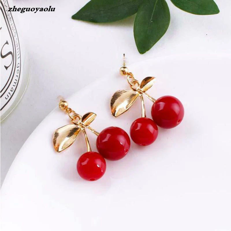 

New Cute Red Cherry Earrings, Fruits With Leaves Ear Studs Women's Gift Wholesale And Retail Boucle D'oreille Pendante Femme