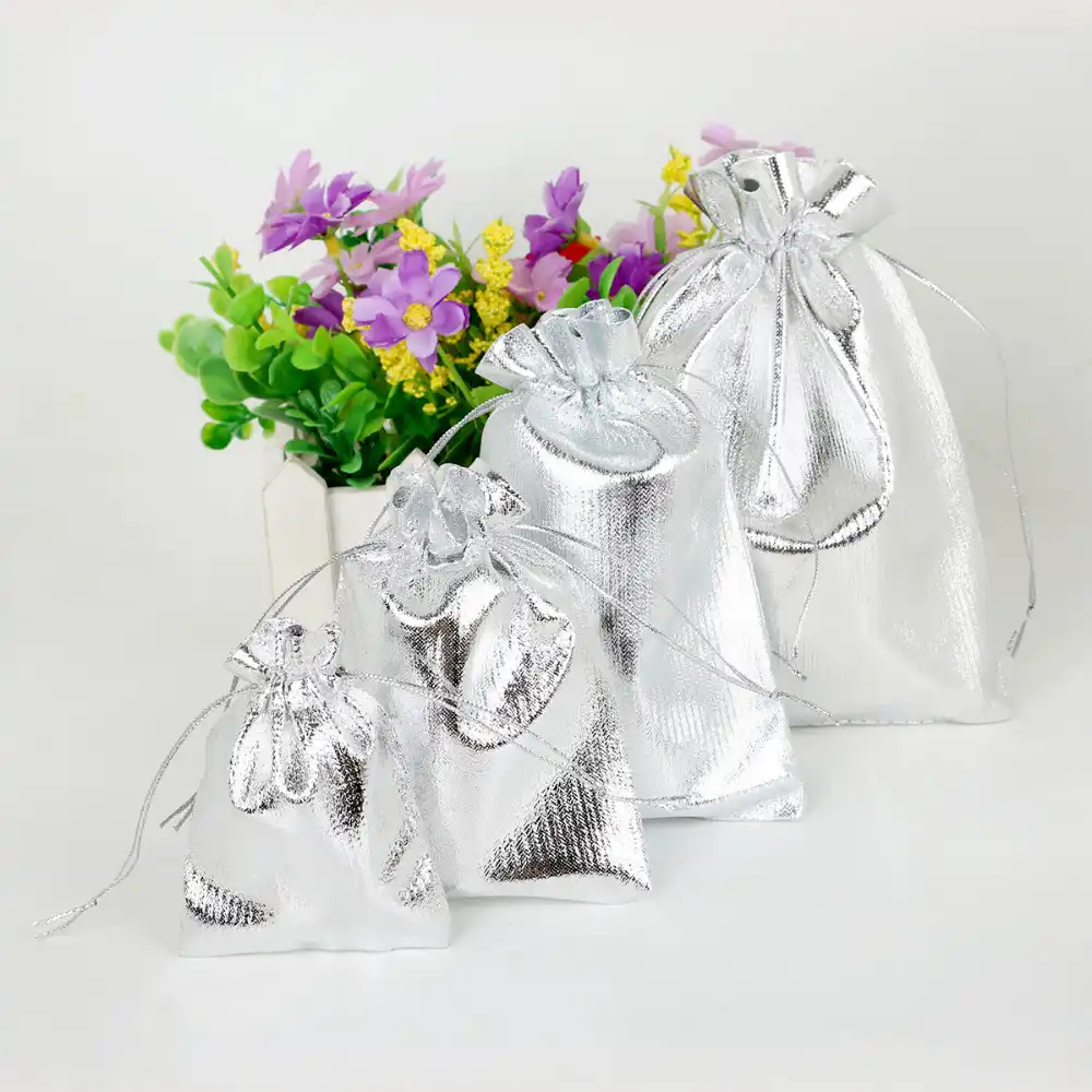 50pcs/lot 4 size sliver drawable organza bags wedding gift bags