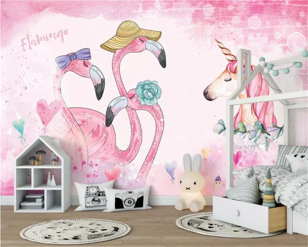 

Beibehang Custom children's room wall 3d wallpaper pink flamingo unicorn Living Room Bedroom Background 3D Wallpaper tapeten