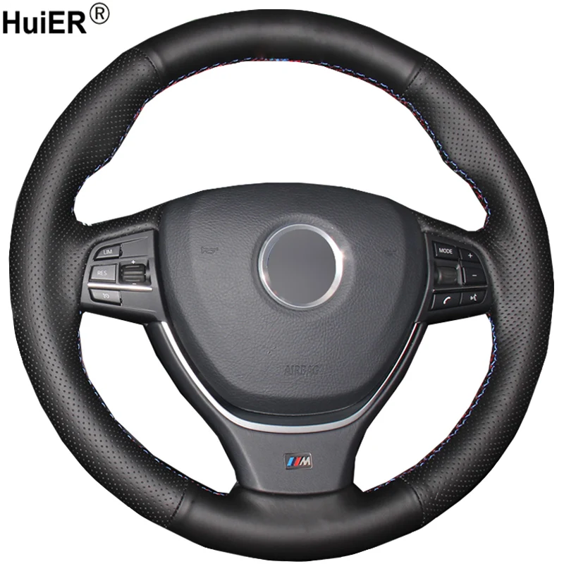 

HuiER Hand Sewing Car Steering Wheel Cover Breathable Black Leather For BMW F10 2014 520i 528i 2013 2014 730Li 740Li 750Li