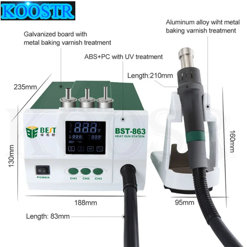 BEST-863 Lead-Free Thermostatic Heat Gun Soldering Station 1200W Intelligent LCD Digital Display Rework Station For Phone Repair
BEST-863 Lead-Free Thermostatic Heat Gun Soldering Station 1200W Intelligent LCD Digital Display Rework Station For Phone Repair