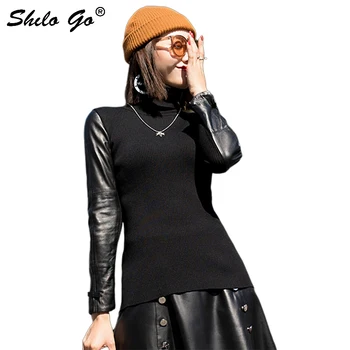 Streetwear Leather Blouses Women Casual Trutleneck Bow Long sleeve Knitted Spliced Sheepskin Genuine Leather Shirts Top Shirts
Streetwear Leather Blouses Women Casual Trutleneck Bow Long sleeve Knitted Spliced Sheepskin Genuine Leather Shirts Top Shirts
