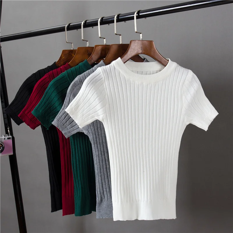 Women's O-neck Knitted Short Sleeve Solid Thin T-shirts Girls Knitting Stretchy Sweater Pullovers Tees Top for Female
Women's O-neck Knitted Short Sleeve Solid Thin T-shirts Girls Knitting Stretchy Sweater Pullovers Tees Top for Female