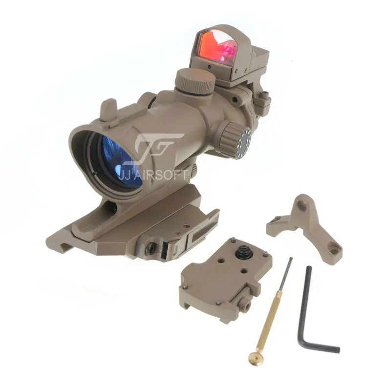 JJ Airsoft ACOG Style 4x32 Scope Red/Green Reticle Illumination with Mini Red Dot,AC12033 Bobro Style QD Mount (Tan)
JJ Airsoft ACOG Style 4x32 Scope Red/Green Reticle Illumination with Mini Red Dot,AC12033 Bobro Style QD Mount (Tan)