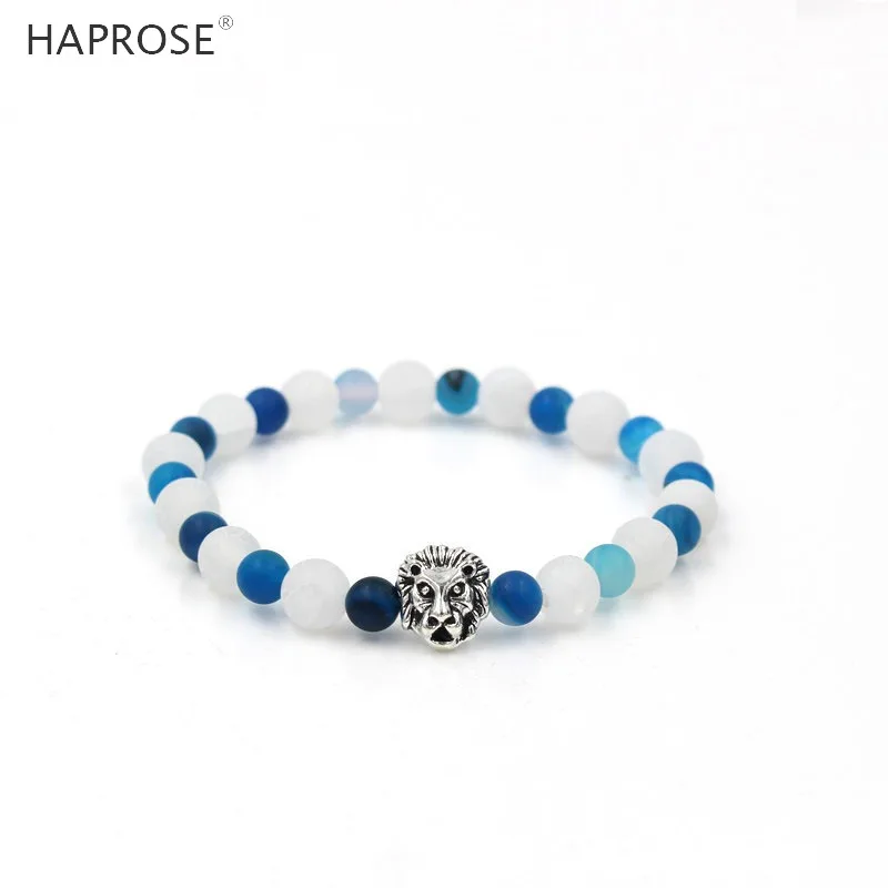 

HAPROSE Agate bracelet Natural White blue Agates Beads 8mm Creative Jewellery Bracelet Gem Lion head bracelet Free shipping