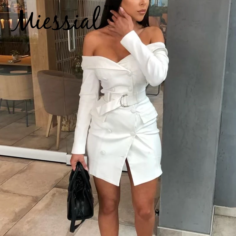 Miessial White off shoulder bodycon blazer dress Women long sleeve belt elegant party dress Female autumn winter sexy club dress
Miessial White off shoulder bodycon blazer dress Women long sleeve belt elegant party dress Female autumn winter sexy club dress