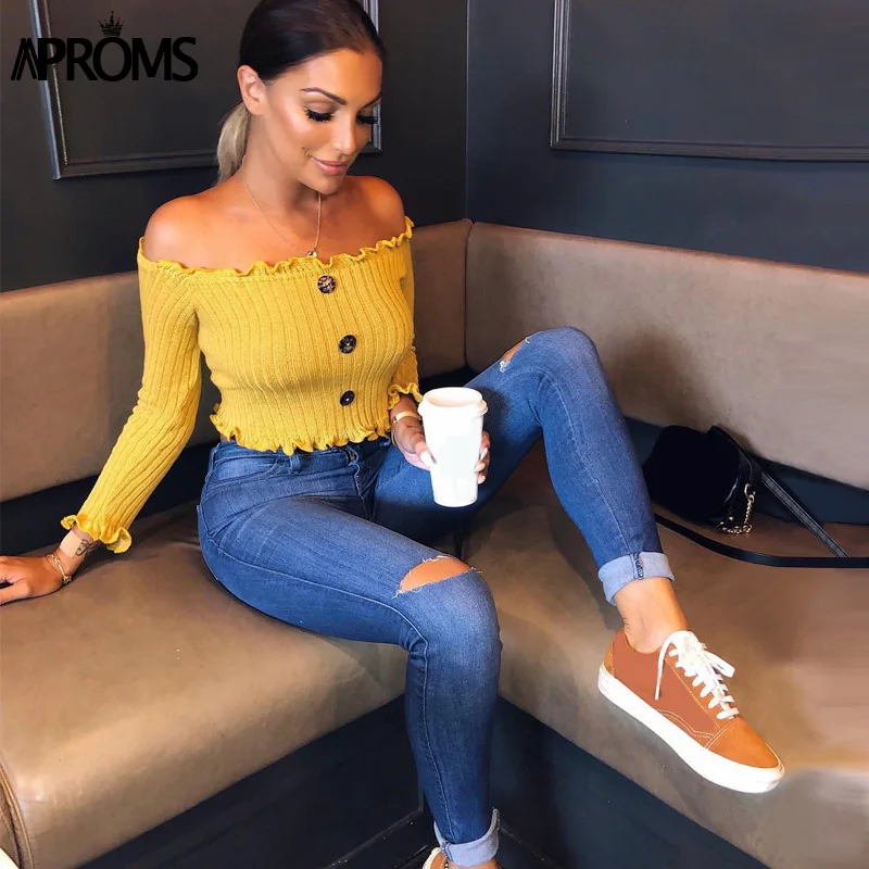 Aproms Elegant Off Shoulder Ruffle Knitted Tank Tops Women Sexy Yellow Knit Crop Top Casual Short Tees Streetwear Basic Camis
Aproms Elegant Off Shoulder Ruffle Knitted Tank Tops Women Sexy Yellow Knit Crop Top Casual Short Tees Streetwear Basic Camis
