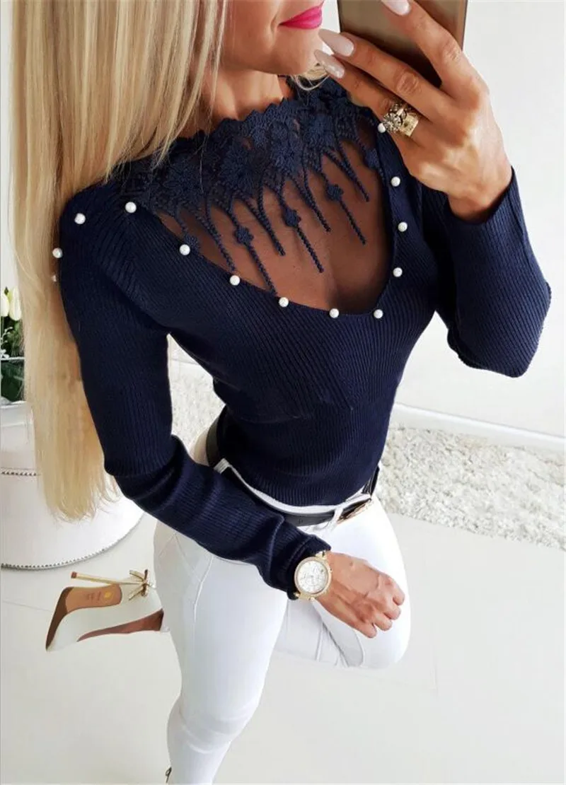 Women T-Shirt Lace Holoow Out Design O-Neck Long Sleeve Solid Color Top Bead Decor Office Lady Autumn Skinny Knitted Top
Women T-Shirt Lace Holoow Out Design O-Neck Long Sleeve Solid Color Top Bead Decor Office Lady Autumn Skinny Knitted Top