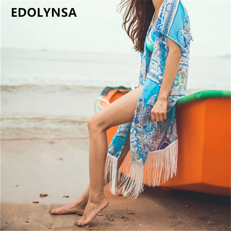 Длинная пляжная туника-кимоно 