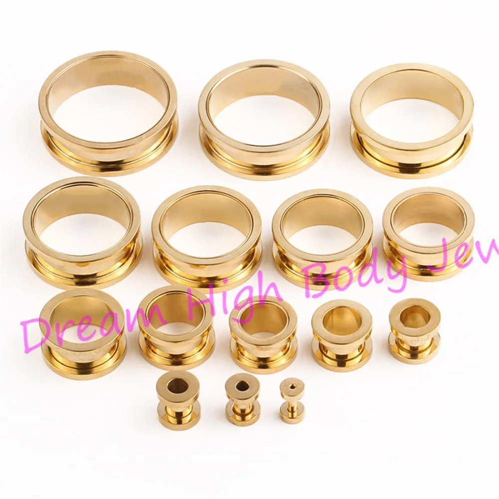 

Gold-color Flesh Tunnel Ear Plug Expander Piercing Fashion Body Jewelry Screw 2mm to 30mm 316L Stainless Steel Titanium