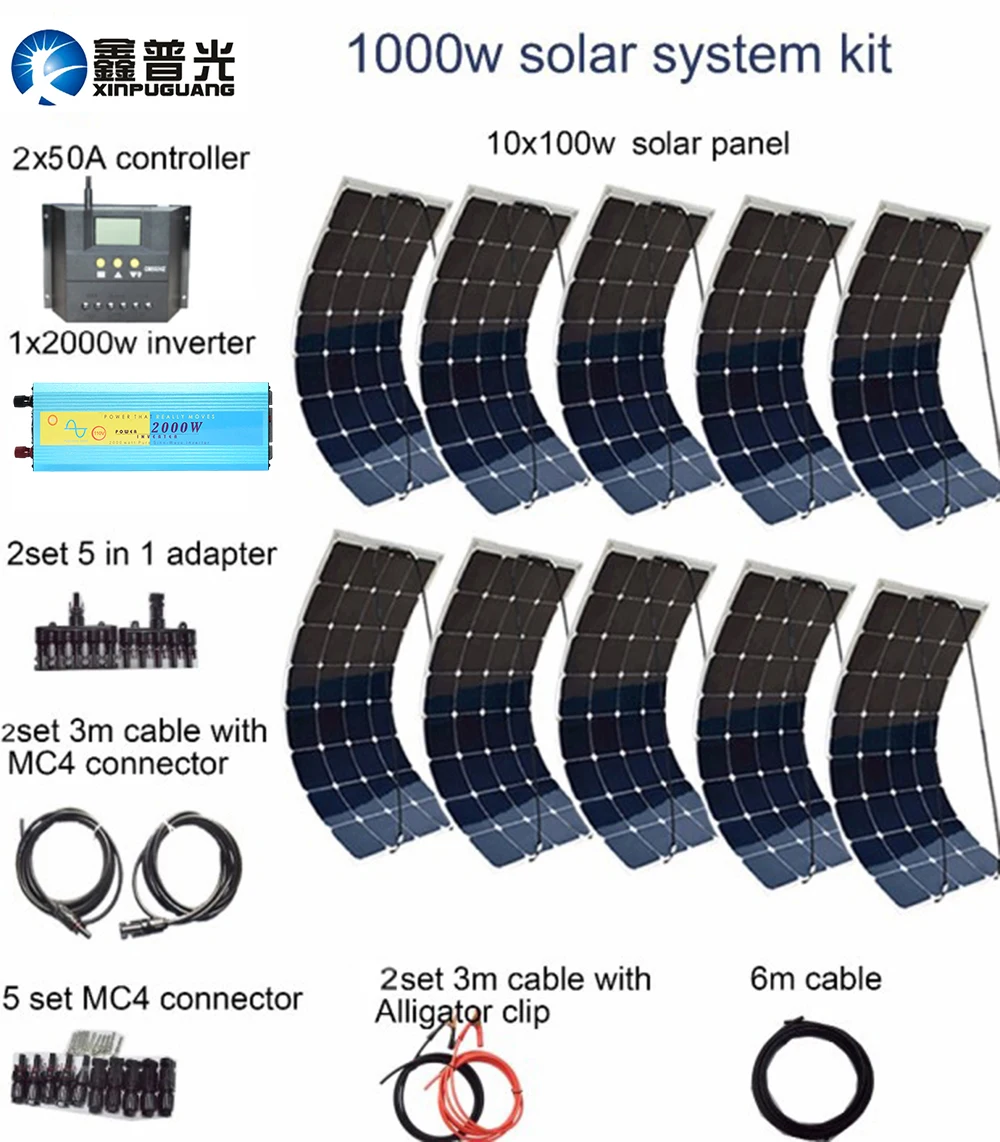 

10pcs 100w flexible solar panel 1000w system kit controller 2000w inverter pv connector adapter cable for 12v battery