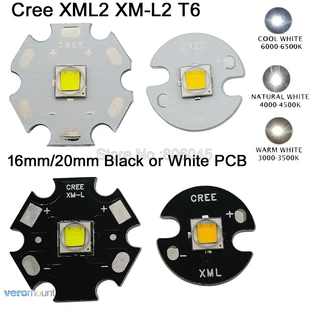 

5x CREE XML2 XM-L2 T6 High Power LED Emitter Cool White 6500K Neutral White 4500K Warm White 3000K 16mm 20mm White or Black PCB