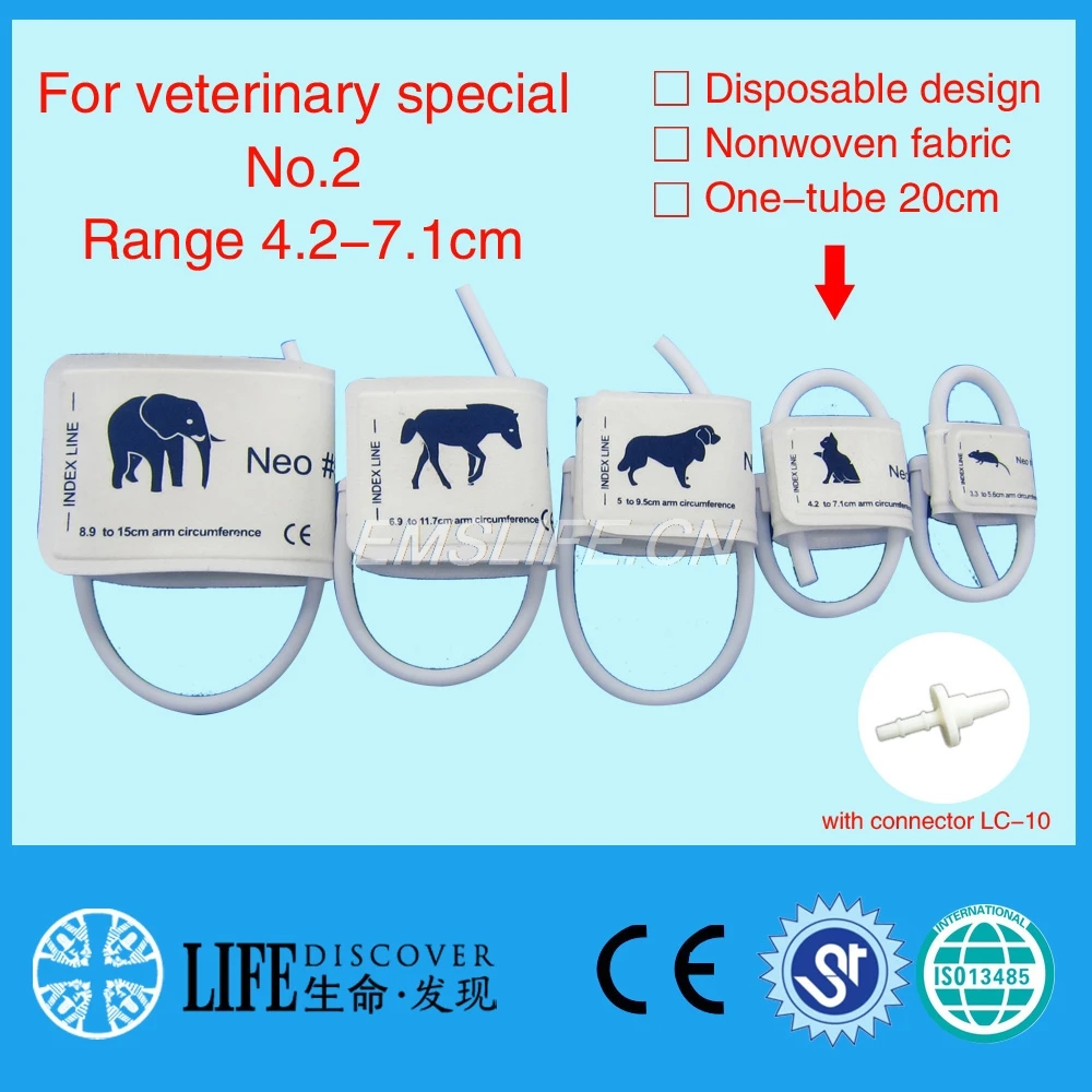 Disposable Non woven fabric NIBP Cuff with Single tube for Veterinary paitent monitor No.2 cats with connector LC-10
Disposable Non woven fabric NIBP Cuff with Single tube for Veterinary paitent monitor No.2 cats with connector LC-10