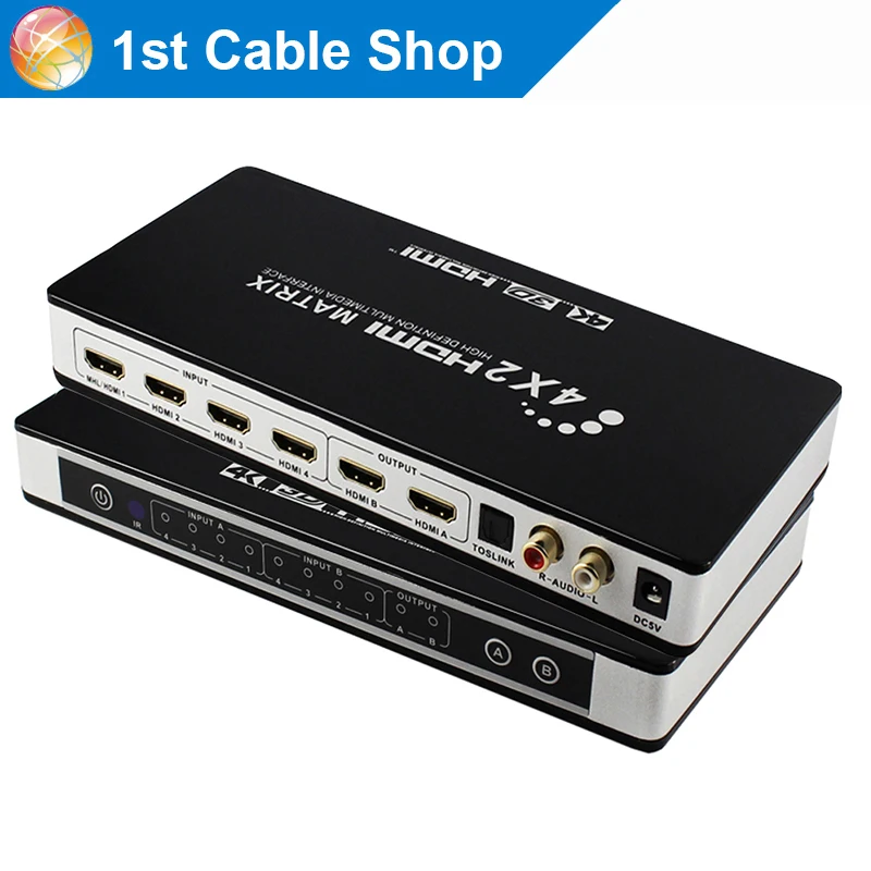 4K 4X2 HDMI Matrix with audio Digital toslink&L/R stereo HDMI 4 in 2 out matrix switcher splitter with IR&power adapter
4K 4X2 HDMI Matrix with audio Digital toslink&L/R stereo HDMI 4 in 2 out matrix switcher splitter with IR&power adapter