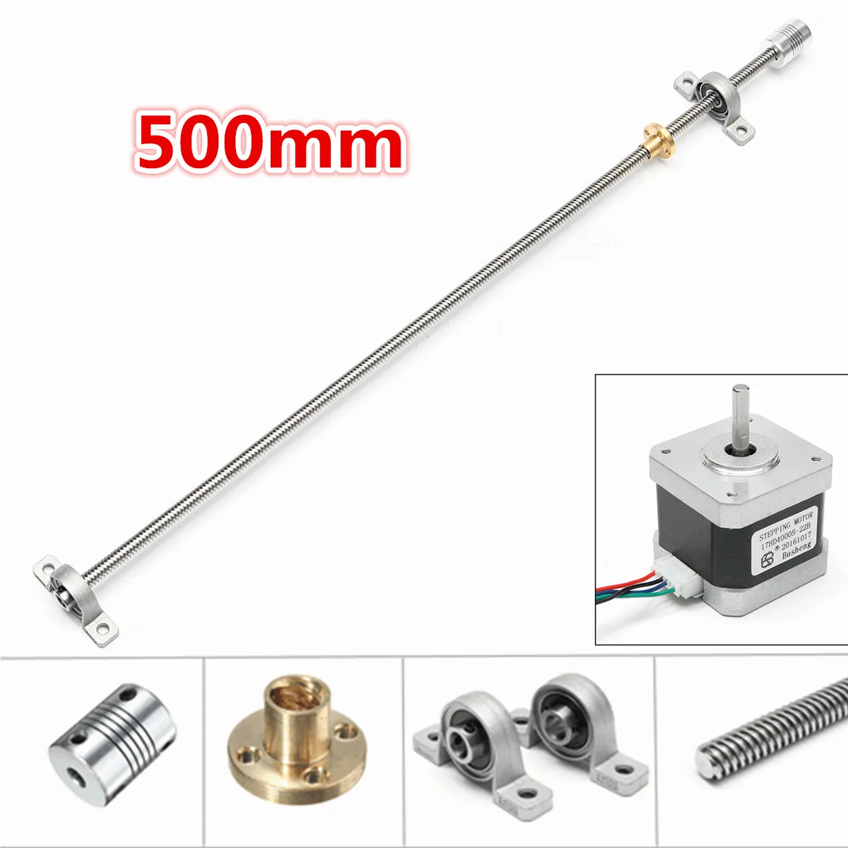 

T8 500mm x 8mm Lead Screw Stainless Steel With Screw Nut + Mounted Ball Bearing Bracket Shaft Coupling + Motor for 3D printer