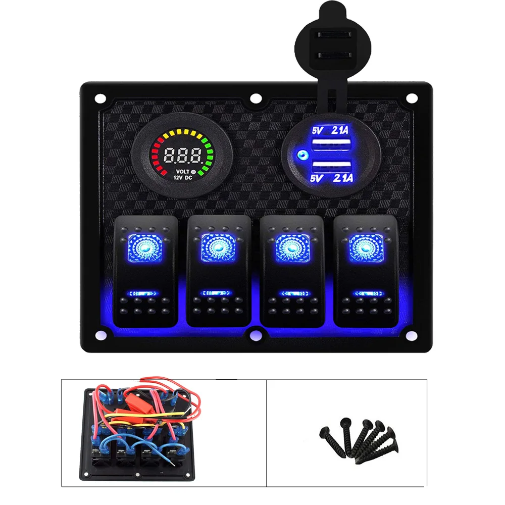 Universal Auto Marine Boat 4 Gang Rocker Switch Panel Waterproof Blue LED Switches Controls with Dual USB Car Charger 4.2A Port
Universal Auto Marine Boat 4 Gang Rocker Switch Panel Waterproof Blue LED Switches Controls with Dual USB Car Charger 4.2A Port
