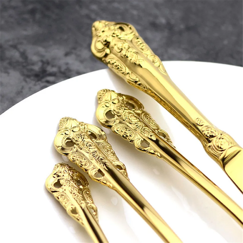 Retro Vintage Western Gold Plated Relief Cutlery Dining Knives Forks Teaspoon Set Golden Luxury Dinnerware Tableware Set 4 pcs (3)