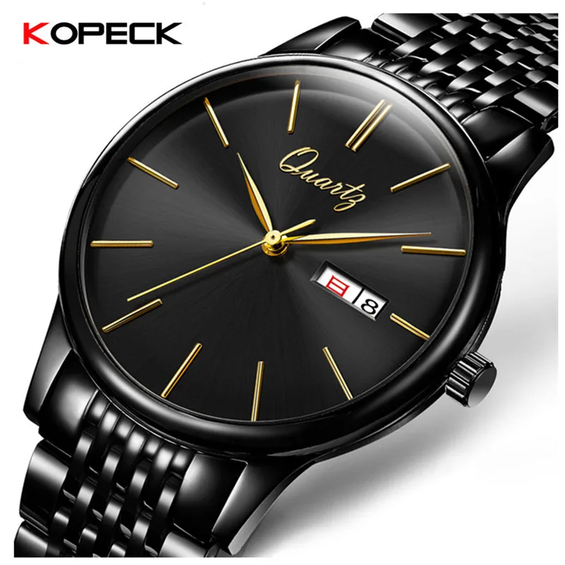 

Kopeck Business Men Quartz Wrist Watch Stainless Steel Classic Black Dial Calendar Male Analog Clock Genuine Leather Men's Watch