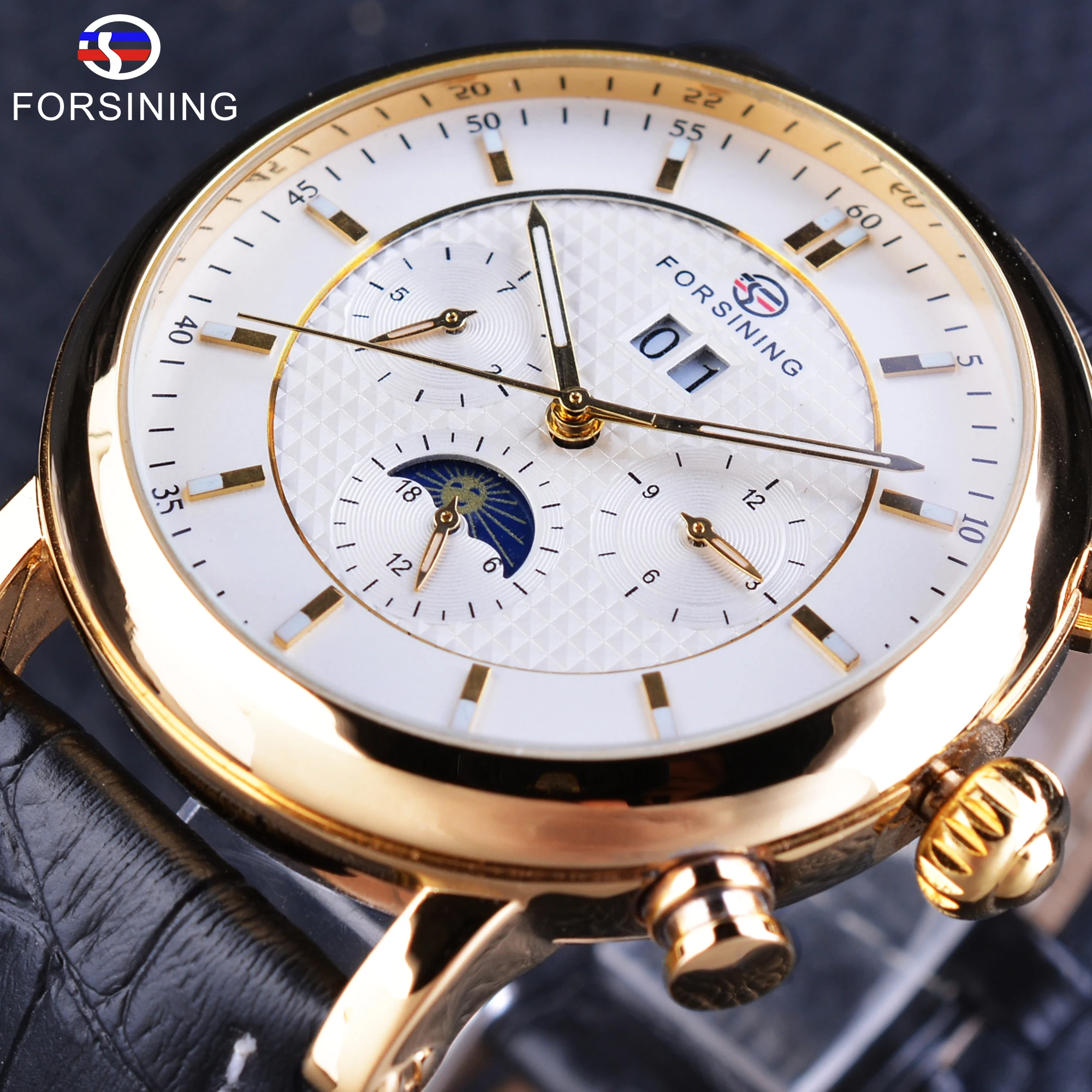 Forsining White Golden Three Small Dial Mens Watches Top Brand Luxury Automatic Self-wind Genuine Leather Multi-functional Clock
Forsining White Golden Three Small Dial Mens Watches Top Brand Luxury Automatic Self-wind Genuine Leather Multi-functional Clock