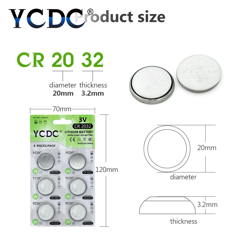 YCDC 6pcs 3V CR 2032 Lithium Button Cell Battery BR2032 DL2032 ECR2032 CR2032 5004LC KCR2032 Coin Cell Batteries For Watch Toys
YCDC 6pcs 3V CR 2032 Lithium Button Cell Battery BR2032 DL2032 ECR2032 CR2032 5004LC KCR2032 Coin Cell Batteries For Watch Toys
