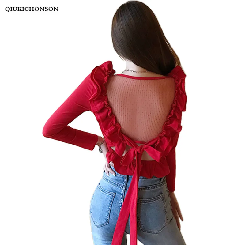 V Neck Red Women Tops 2019 Korean Fashion Slim Ruffle Crop Tops Mesh Patchwork Transparent Back Bow Lace Up Blouses Long Sleeve
V Neck Red Women Tops 2019 Korean Fashion Slim Ruffle Crop Tops Mesh Patchwork Transparent Back Bow Lace Up Blouses Long Sleeve