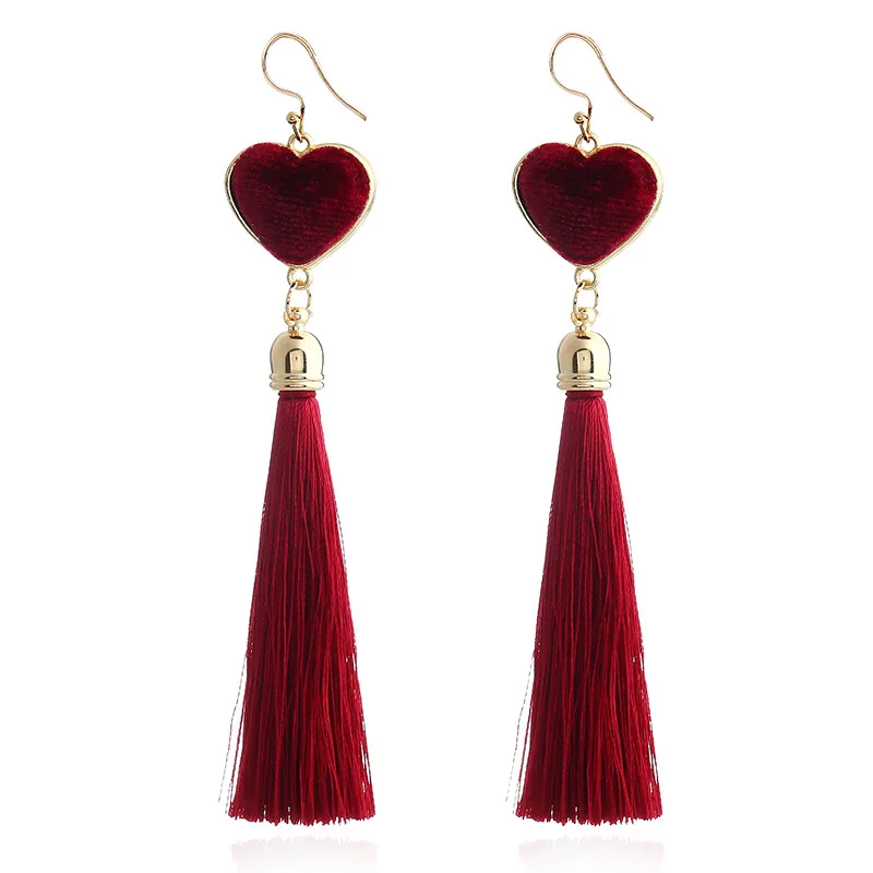 Heart Long Tassel earrings for Women Red Drop Dangle Earrings 2018 Gold color Fringe earring statement Wedding Jewelry Bohemia | Украшения