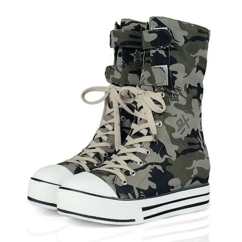 Hot Womens Punk Canvas Lace Up Camouflage Mid-Calf Boots Gothic Hidden Heel Shoes Casual 2Colors High Top Sneakers A745
Hot Womens Punk Canvas Lace Up Camouflage Mid-Calf Boots Gothic Hidden Heel Shoes Casual 2Colors High Top Sneakers A745