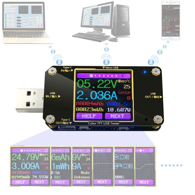Цифровой USB тестер A3 цветной вольтметр с Bluetooth и разъемом Type C амперметр