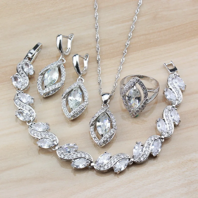 Bridal Women Wedding Costume Jewelry Sets AAA+ Quality White Crystal Zircon Dangle Earrings/Bracelet And Ring | Украшения и