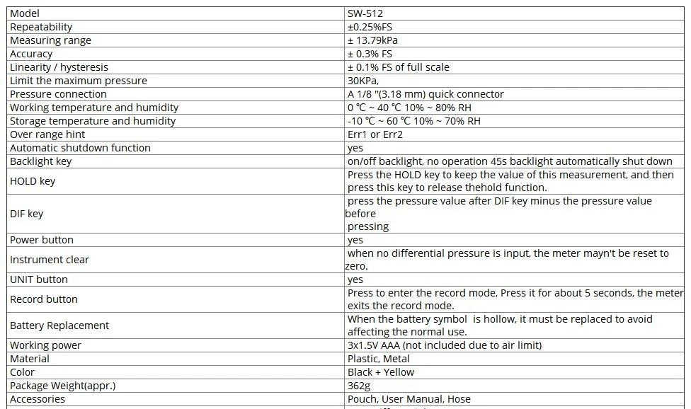 Description Picture 2 of itemSNDWAY Digital Manometer Air Pressure Gauge Pressure Gauges Differential Natural Gas Pressure Gauge Meter Measurement SW-512B