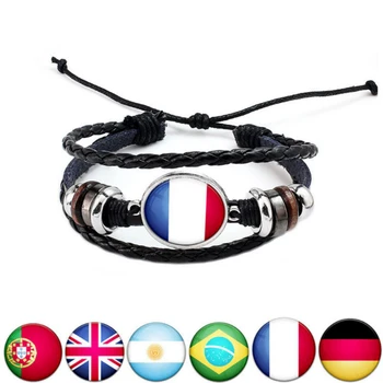 

National world football Flags Charm Bangles Leather Braided Rope Beads Brazil mexico Russia spain usa france soccer fans gift