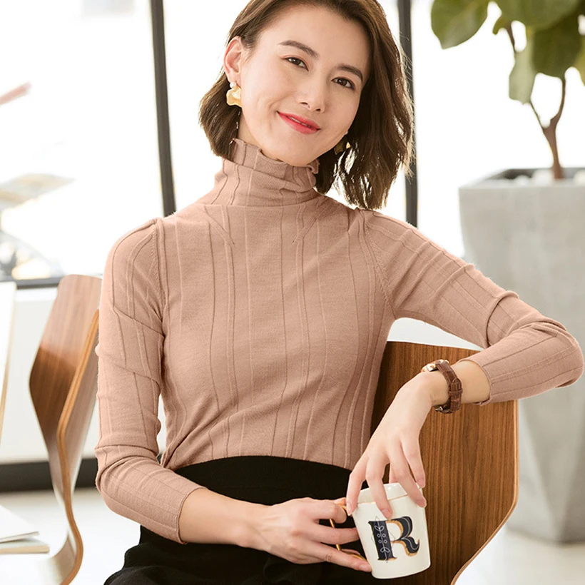 Merino Wool Sweaters and Pullovers for Women Turtleneck and Long Sleeve Slim Stripe Spring Autumn Winter Female Brand Jumpers