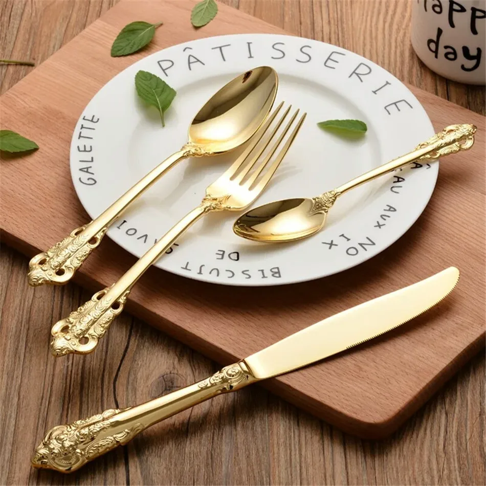 Retro Vintage Western Gold Plated Relief Cutlery Dining Knives Forks Teaspoon Set Golden Luxury Dinnerware Tableware Set 4 pcs (1)