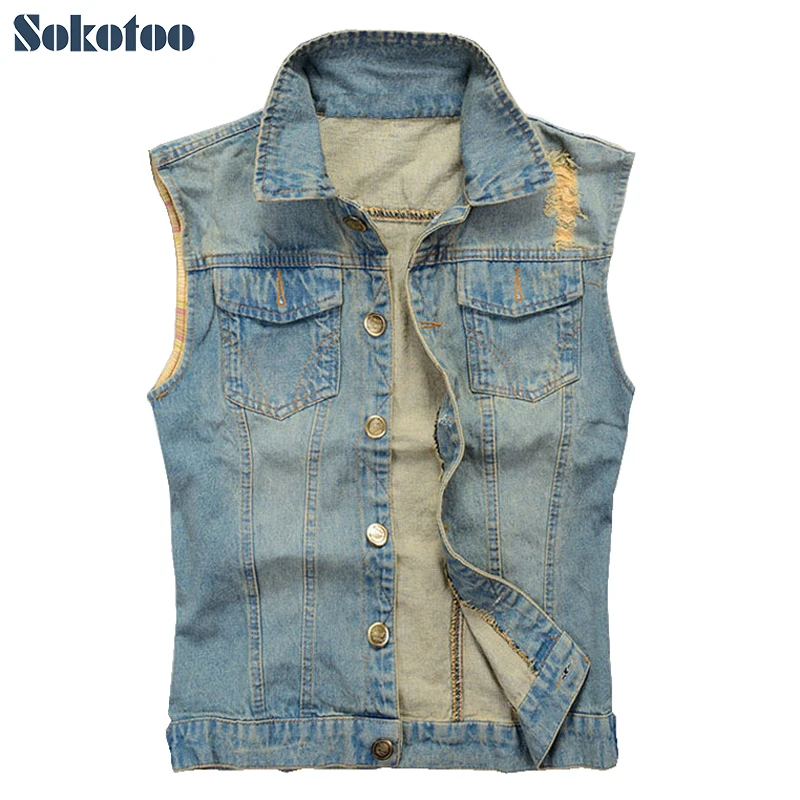 Sokotoo Men's casual hole ripped denim vest Male plus size vintage slim coat Tank top Free shipping
Sokotoo Men's casual hole ripped denim vest Male plus size vintage slim coat Tank top Free shipping