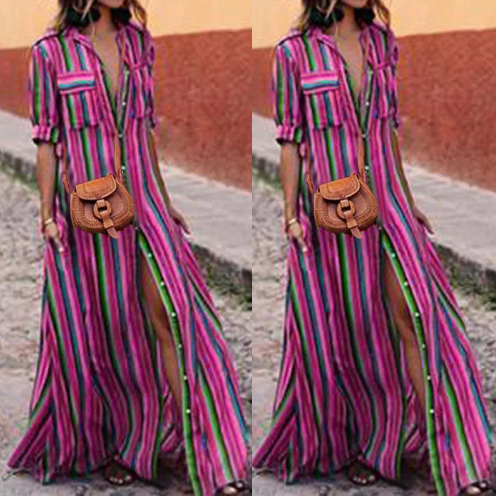 Women Casual Sundress Female Vestidos Long dresses Half Sleeve Striped Multicolor Loose Button Bohe Female Beach Long Robe Dress
Women Casual Sundress Female Vestidos Long dresses Half Sleeve Striped Multicolor Loose Button Bohe Female Beach Long Robe Dress